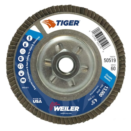 Weiler 4-1/2" Tiger DiscFlap Disc, Conical (TY29), 60Z, 5/8"-11 UNC 50519